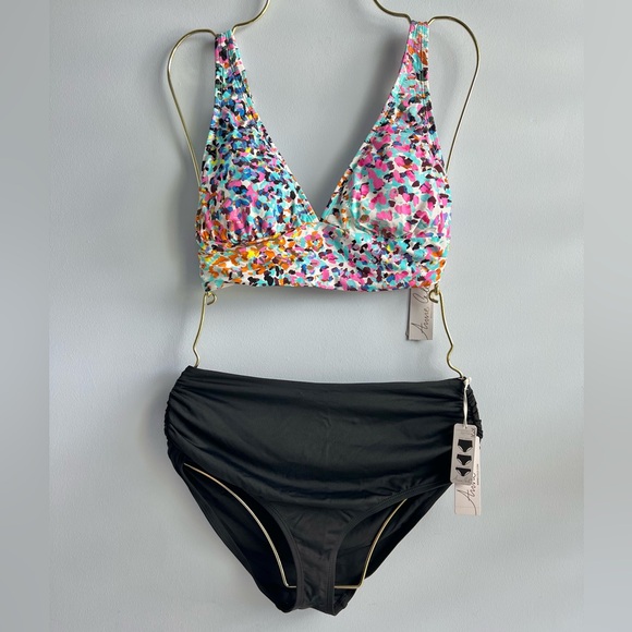 Anne Cole Womens Printed V-Neck Banded Bikini Top & High Rise Bottoms Size Small